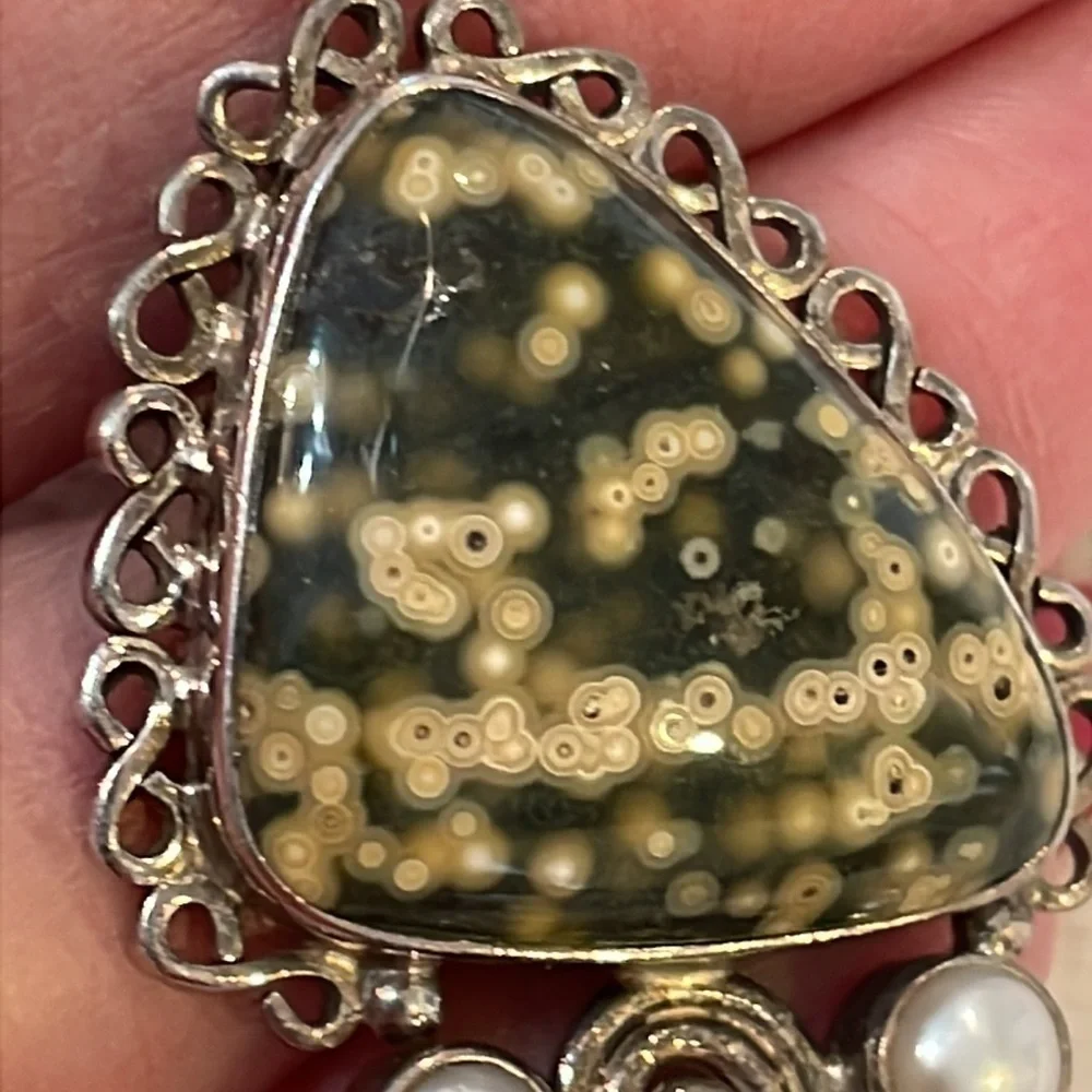 Sterling silver real pearls natural stone Large pendant unique link chain